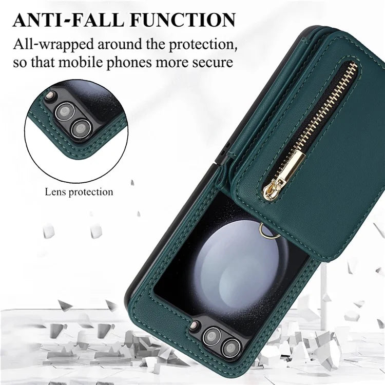 For Samsung Galaxy Z Flip5 5G Case Crossbody RFID Blocking Leather+TPU Scratch-proof Protective Shell