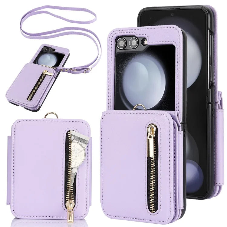 For Samsung Galaxy Z Flip5 5G Case Crossbody RFID Blocking Leather+TPU Scratch-proof Protective Shell