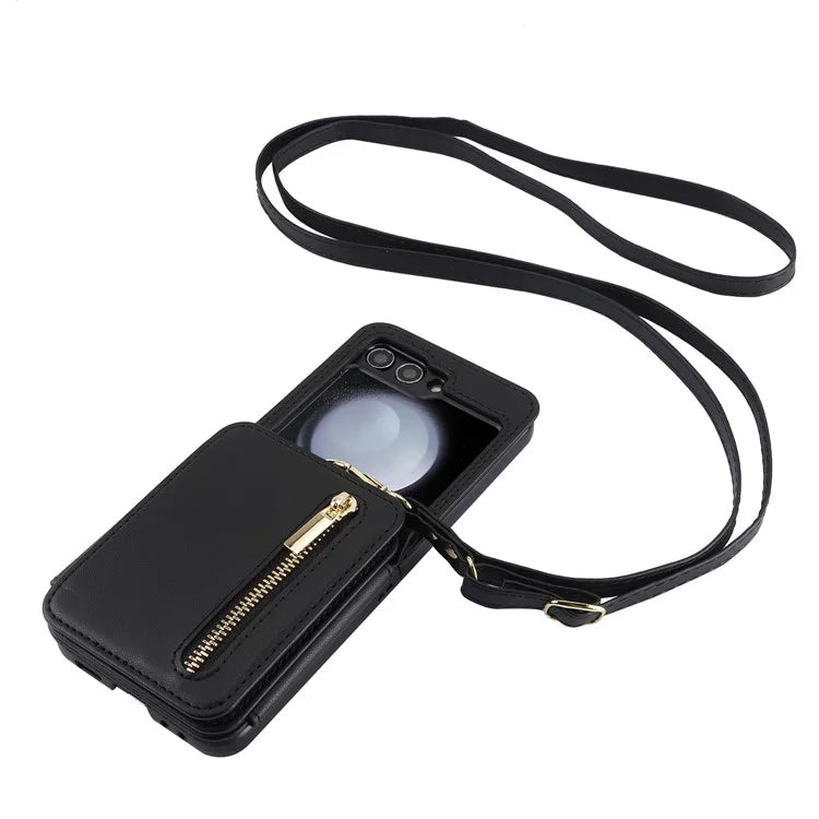 For Samsung Galaxy Z Flip5 5G Case Crossbody RFID Blocking Leather+TPU Scratch-proof Protective Shell