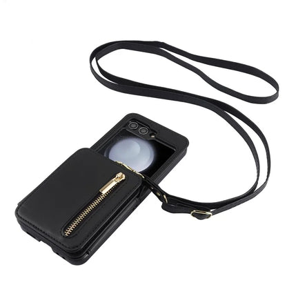 For Samsung Galaxy Z Flip5 5G Case Crossbody RFID Blocking Leather+TPU Scratch-proof Protective Shell