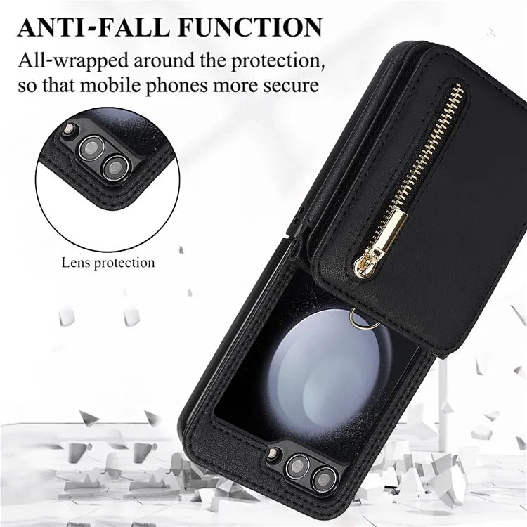 For Samsung Galaxy Z Flip5 5G Case Crossbody RFID Blocking Leather+TPU Scratch-proof Protective Shell