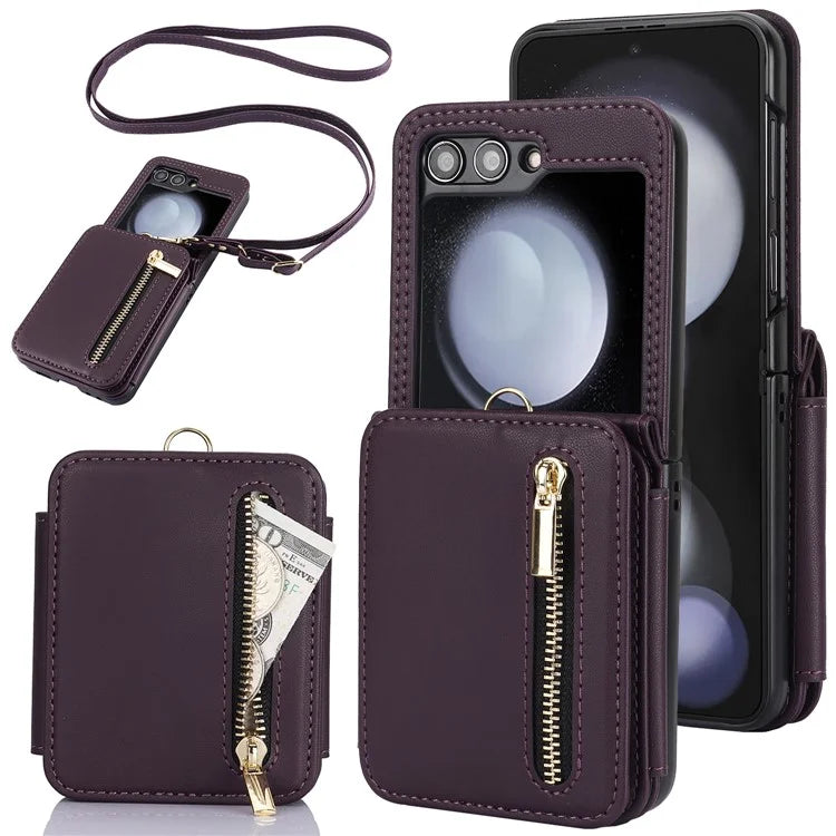 For Samsung Galaxy Z Flip5 5G Case Crossbody RFID Blocking Leather+TPU Scratch-proof Protective Shell