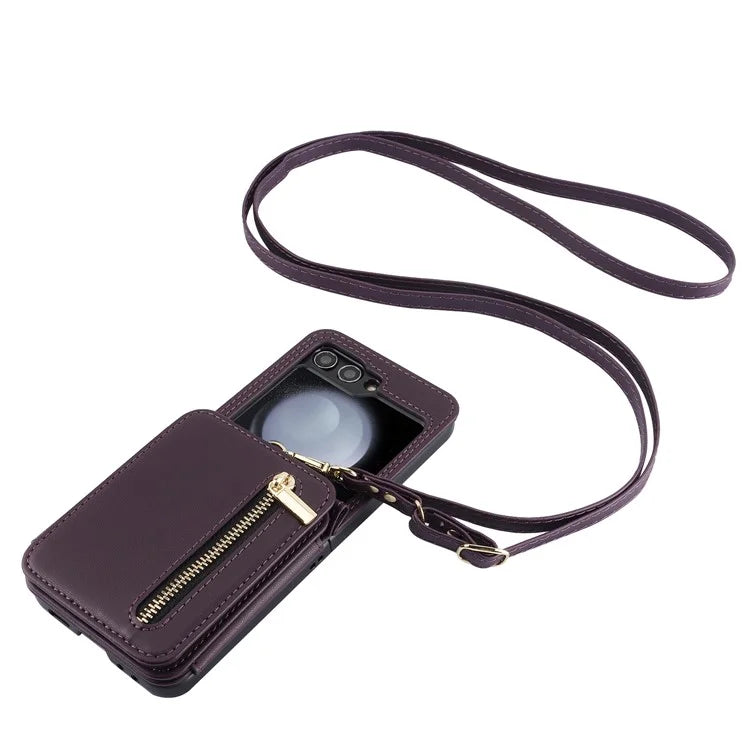 For Samsung Galaxy Z Flip5 5G Case Crossbody RFID Blocking Leather+TPU Scratch-proof Protective Shell