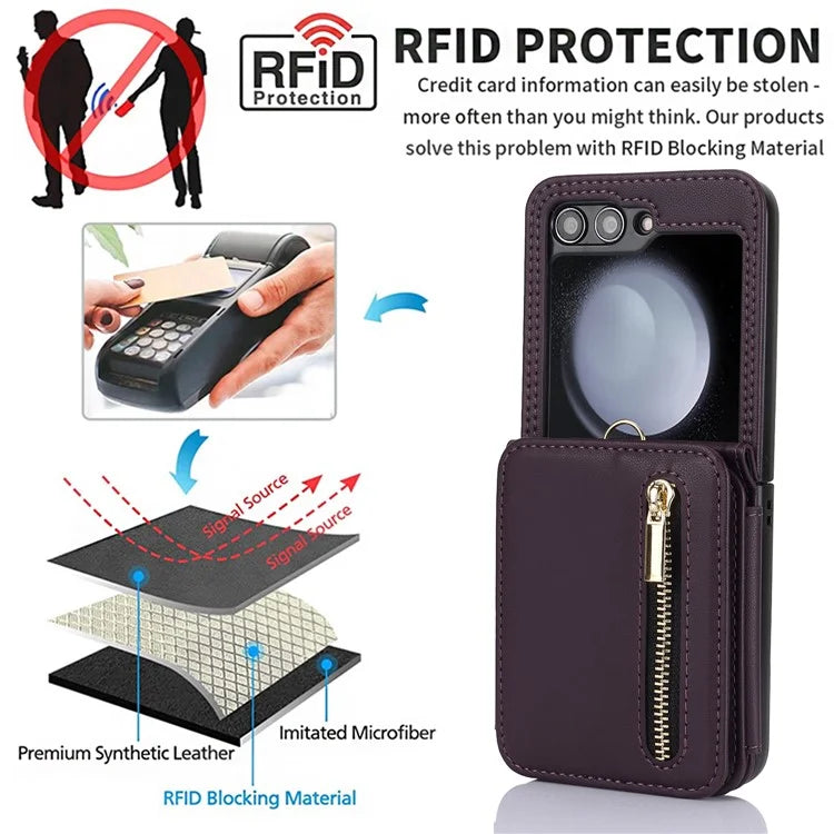 For Samsung Galaxy Z Flip5 5G Case Crossbody RFID Blocking Leather+TPU Scratch-proof Protective Shell