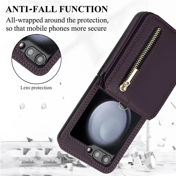 For Samsung Galaxy Z Flip5 5G Case Crossbody RFID Blocking Leather+TPU Scratch-proof Protective Shell