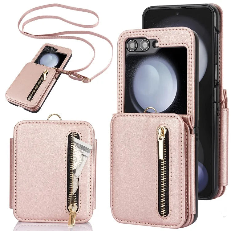 For Samsung Galaxy Z Flip5 5G Case Crossbody RFID Blocking Leather+TPU Scratch-proof Protective Shell