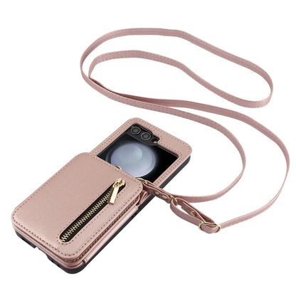 For Samsung Galaxy Z Flip5 5G Case Crossbody RFID Blocking Leather+TPU Scratch-proof Protective Shell