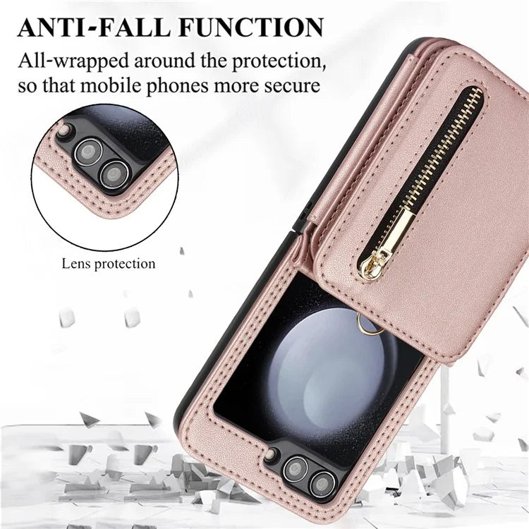 For Samsung Galaxy Z Flip5 5G Case Crossbody RFID Blocking Leather+TPU Scratch-proof Protective Shell