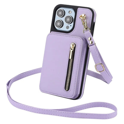 For iPhone 14 Pro Max Cell Phone Case RFID Blocking Leather+TPU Cover with Wrist and Shoulder Straps
