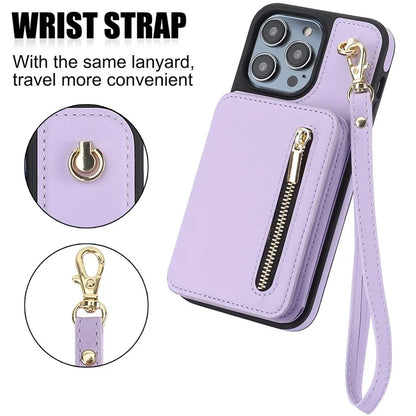 For iPhone 14 Pro Max Cell Phone Case RFID Blocking Leather+TPU Cover with Wrist and Shoulder Straps