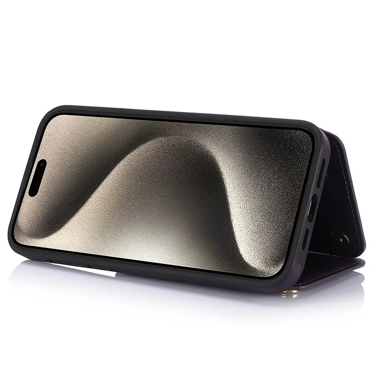For iPhone 15 Pro Case Zipper Pocket RFID Blocking Leather+TPU Cover with Crossbody Strap