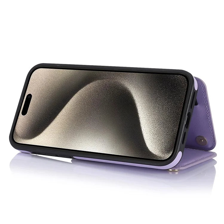 For iPhone 15 Pro Case Zipper Pocket RFID Blocking Leather+TPU Cover with Crossbody Strap
