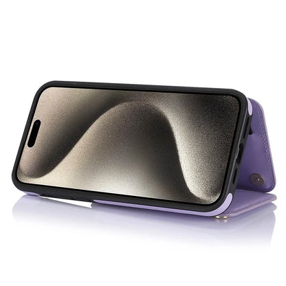 For iPhone 15 Pro Case Zipper Pocket RFID Blocking Leather+TPU Cover with Crossbody Strap