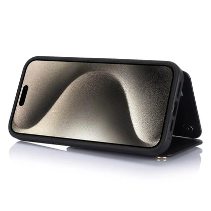 For iPhone 15 Pro Case Zipper Pocket RFID Blocking Leather+TPU Cover with Crossbody Strap