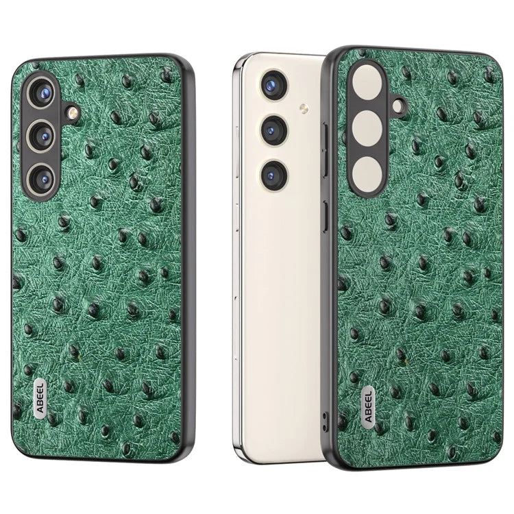 ABEEL For Samsung Galaxy S24+ Genuine Cow Leather Case Anti-slip Ostrich Pattern Phone Cover