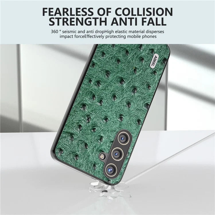 ABEEL For Samsung Galaxy S24+ Genuine Cow Leather Case Anti-slip Ostrich Pattern Phone Cover