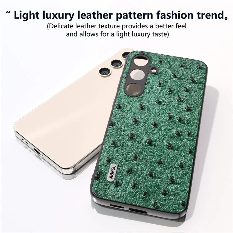 ABEEL For Samsung Galaxy S24+ Genuine Cow Leather Case Anti-slip Ostrich Pattern Phone Cover