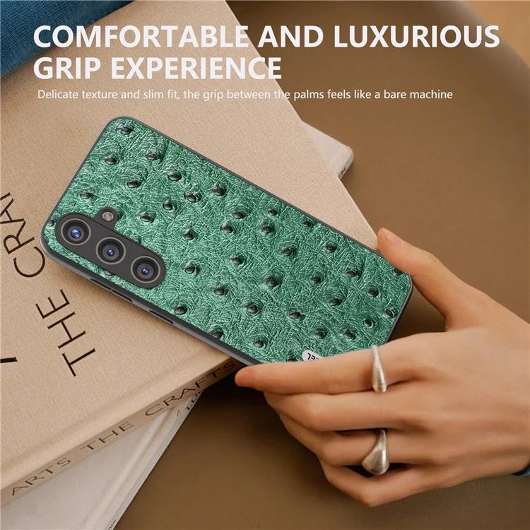 ABEEL For Samsung Galaxy S24+ Genuine Cow Leather Case Anti-slip Ostrich Pattern Phone Cover
