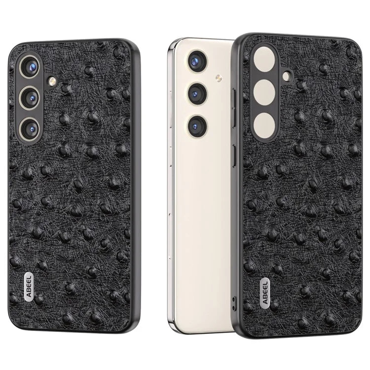 ABEEL For Samsung Galaxy S24+ Genuine Cow Leather Case Anti-slip Ostrich Pattern Phone Cover
