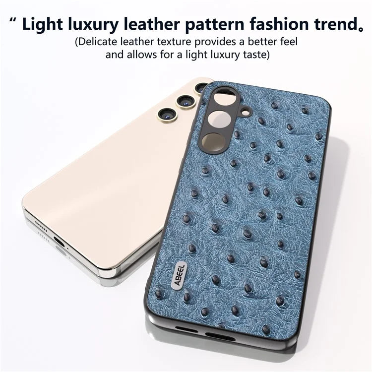 ABEEL For Samsung Galaxy S24+ Genuine Cow Leather Case Anti-slip Ostrich Pattern Phone Cover
