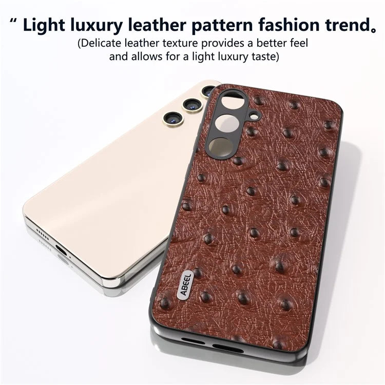 ABEEL For Samsung Galaxy S24+ Genuine Cow Leather Case Anti-slip Ostrich Pattern Phone Cover