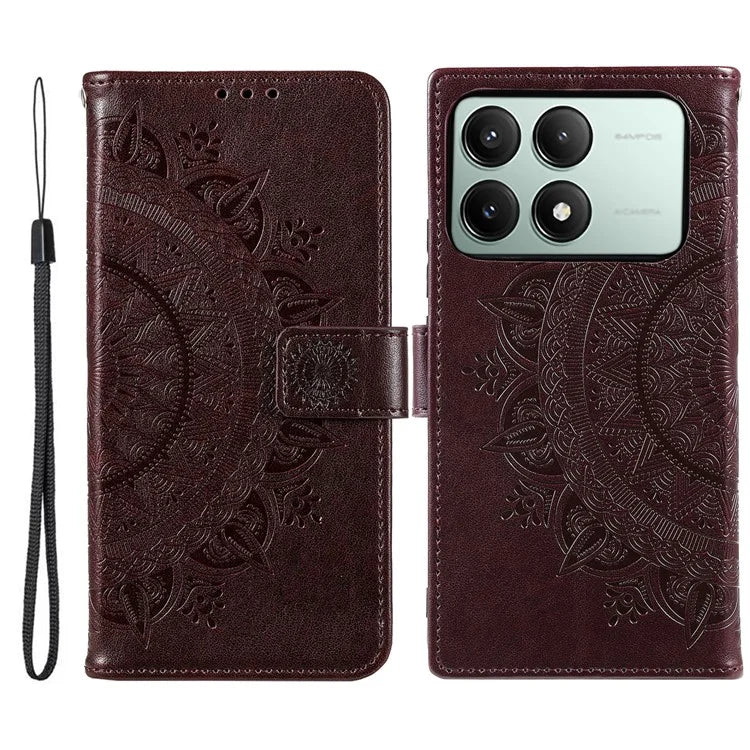 For Xiaomi Redmi K70E 5G / Poco X6 Pro 5G Case PU Leather+TPU Mandala Flower Imprinted Cover with Wrist Strap