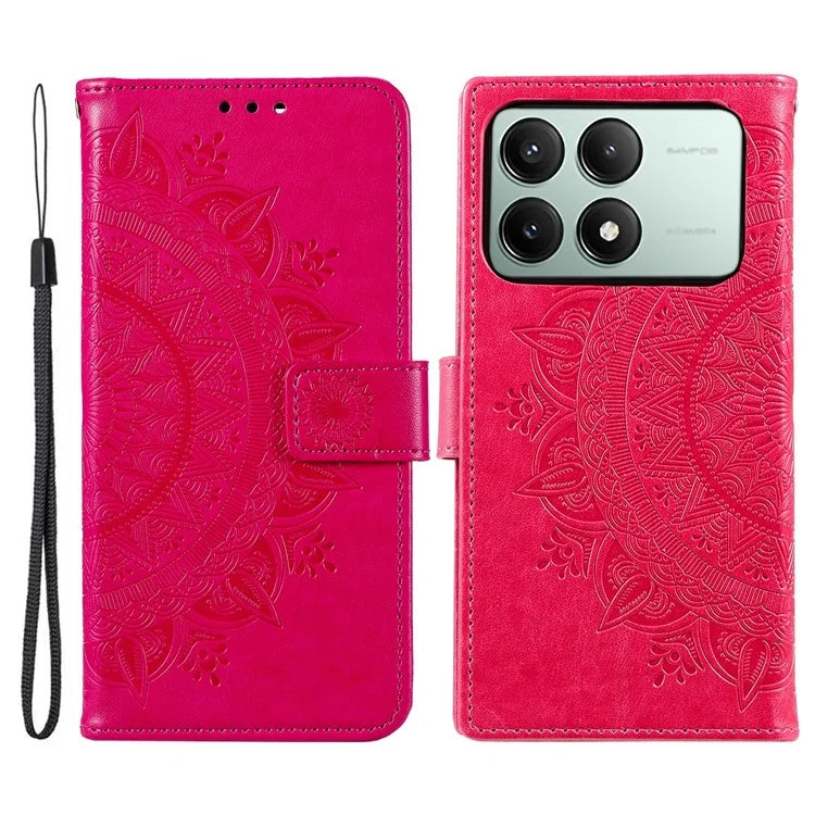 For Xiaomi Redmi K70E 5G / Poco X6 Pro 5G Case PU Leather+TPU Mandala Flower Imprinted Cover with Wrist Strap