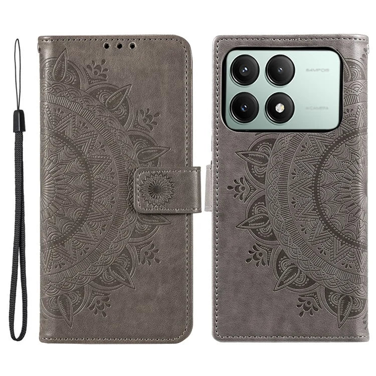 For Xiaomi Redmi K70E 5G / Poco X6 Pro 5G Case PU Leather+TPU Mandala Flower Imprinted Cover with Wrist Strap