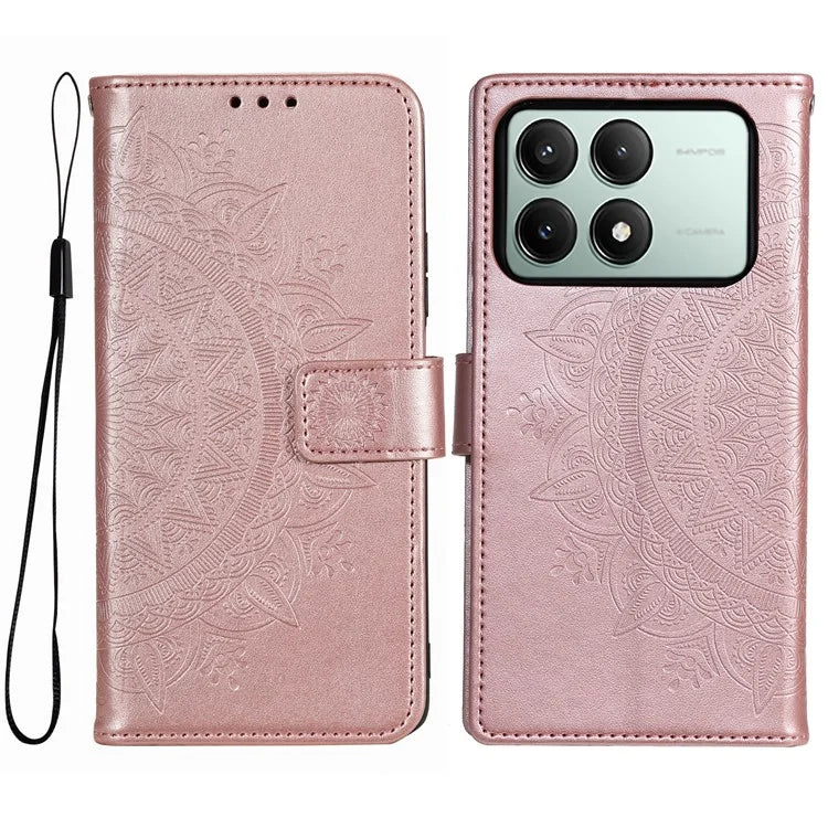 For Xiaomi Redmi K70E 5G / Poco X6 Pro 5G Case PU Leather+TPU Mandala Flower Imprinted Cover with Wrist Strap Gold