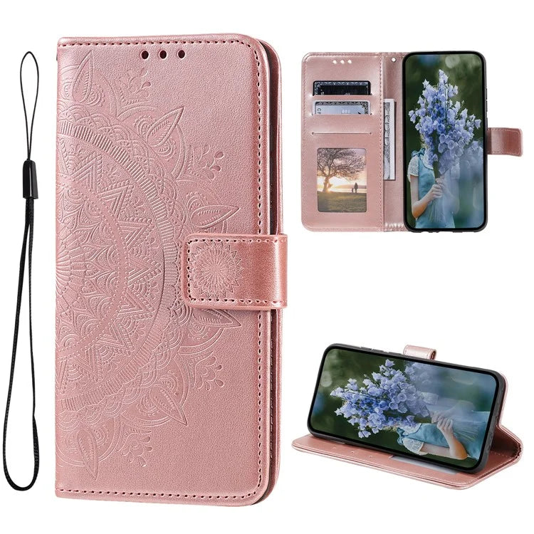 For Xiaomi Redmi K70E 5G / Poco X6 Pro 5G Case PU Leather+TPU Mandala Flower Imprinted Cover with Wrist Strap Gold