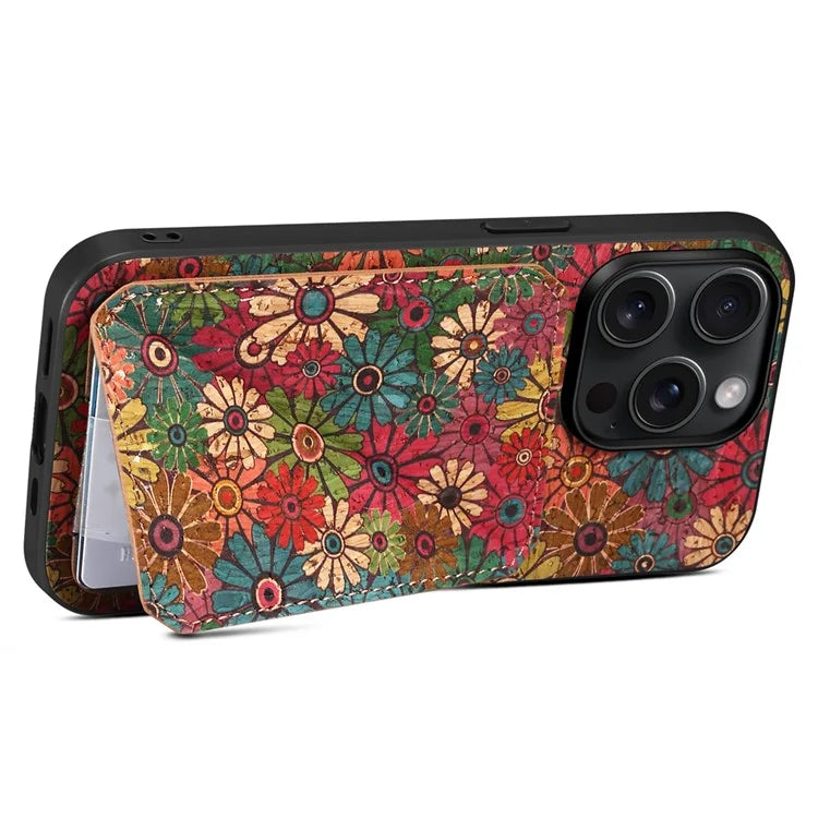 For iPhone 15 Pro Floral Flower Phone Cover Card Slots Kickstand Back Case