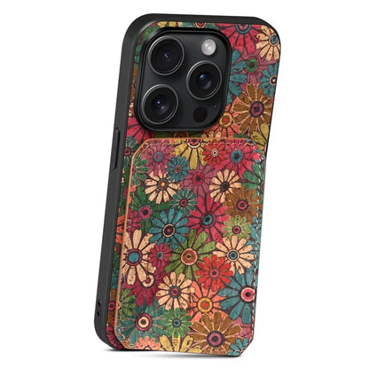For iPhone 15 Pro Floral Flower Phone Cover Card Slots Kickstand Back Case