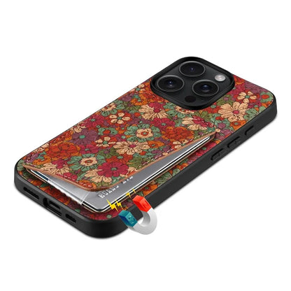 For iPhone 15 Pro Floral Flower Phone Cover Card Slots Kickstand Back Case