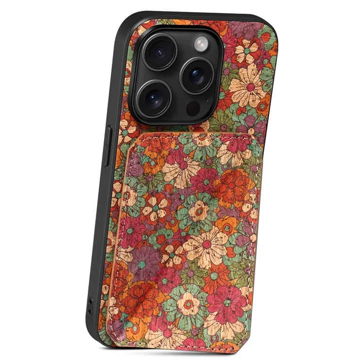 For iPhone 15 Pro Max Phone Case with Card Holder Flower Phone Cover