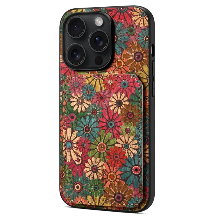 For iPhone 15 Pro Max Phone Case with Card Holder Flower Phone Cover