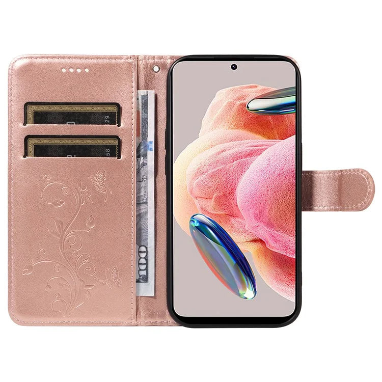 For Xiaomi Redmi Note 12 4G Cell Phone Case Apricot Blossom Butterfly Pattern Imprinted Leather Cover