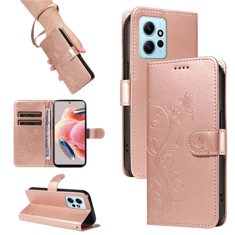 For Xiaomi Redmi Note 12 4G Cell Phone Case Apricot Blossom Butterfly Pattern Imprinted Leather Cover