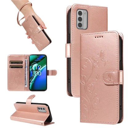 For Nokia G42 Magnetic Case Imprint Flower Butterfly Pattern Stand Wallet Cover
