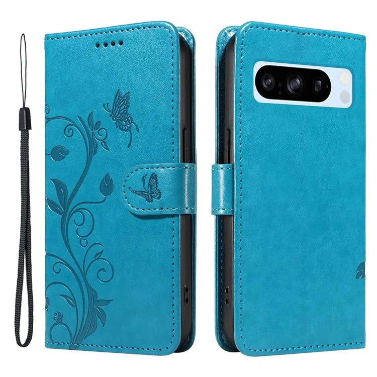 For Google Pixel 8 Pro Case PU Leather Card Slots Phone Protector with Butterfly Flower Pattern