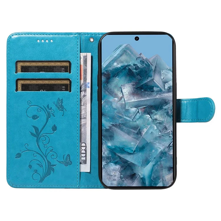 For Google Pixel 8 Pro Case PU Leather Card Slots Phone Protector with Butterfly Flower Pattern