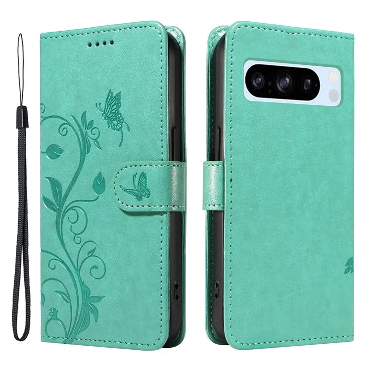 For Google Pixel 8 Pro Case PU Leather Card Slots Phone Protector with Butterfly Flower Pattern