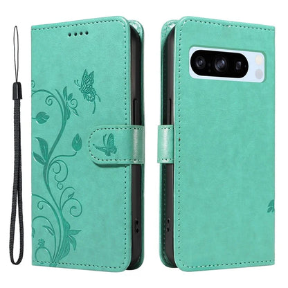 For Google Pixel 8 Pro Case PU Leather Card Slots Phone Protector with Butterfly Flower Pattern