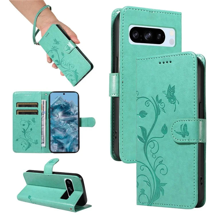For Google Pixel 8 Pro Case PU Leather Card Slots Phone Protector with Butterfly Flower Pattern