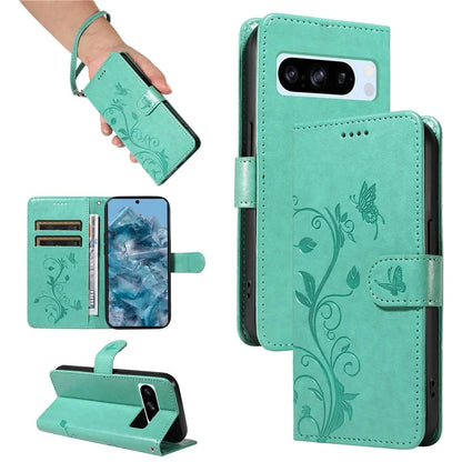 For Google Pixel 8 Pro Case PU Leather Card Slots Phone Protector with Butterfly Flower Pattern