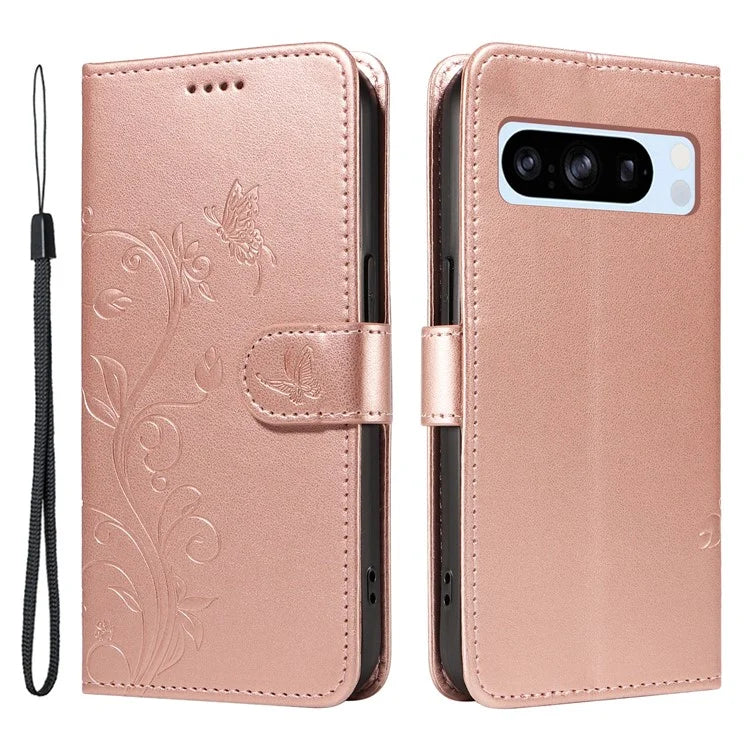 For Google Pixel 8 Pro Case PU Leather Card Slots Phone Protector with Butterfly Flower Pattern