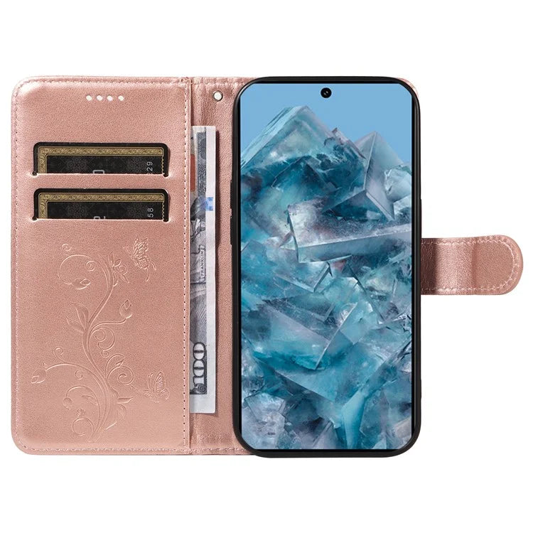 For Google Pixel 8 Pro Case PU Leather Card Slots Phone Protector with Butterfly Flower Pattern