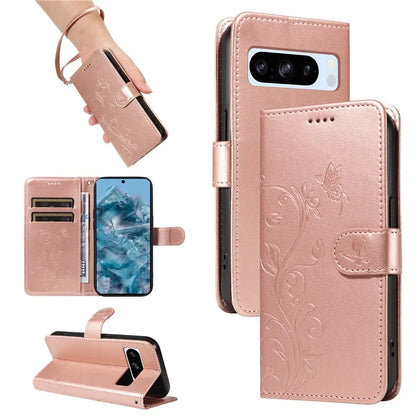 For Google Pixel 8 Pro Case PU Leather Card Slots Phone Protector with Butterfly Flower Pattern