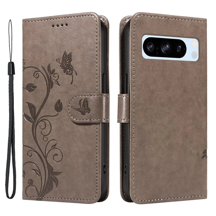 For Google Pixel 8 Pro Case PU Leather Card Slots Phone Protector with Butterfly Flower Pattern