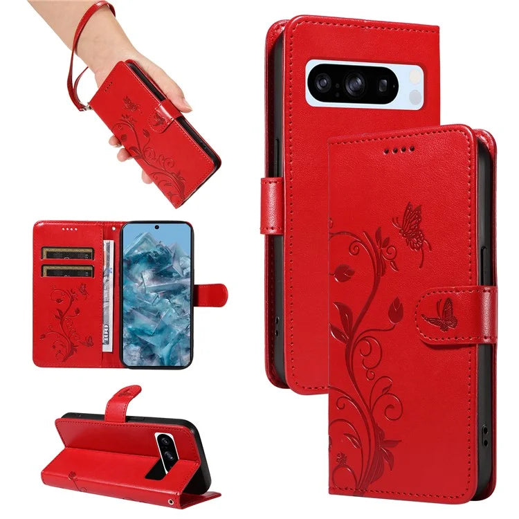 For Google Pixel 8 Pro Case PU Leather Card Slots Phone Protector with Butterfly Flower Pattern
