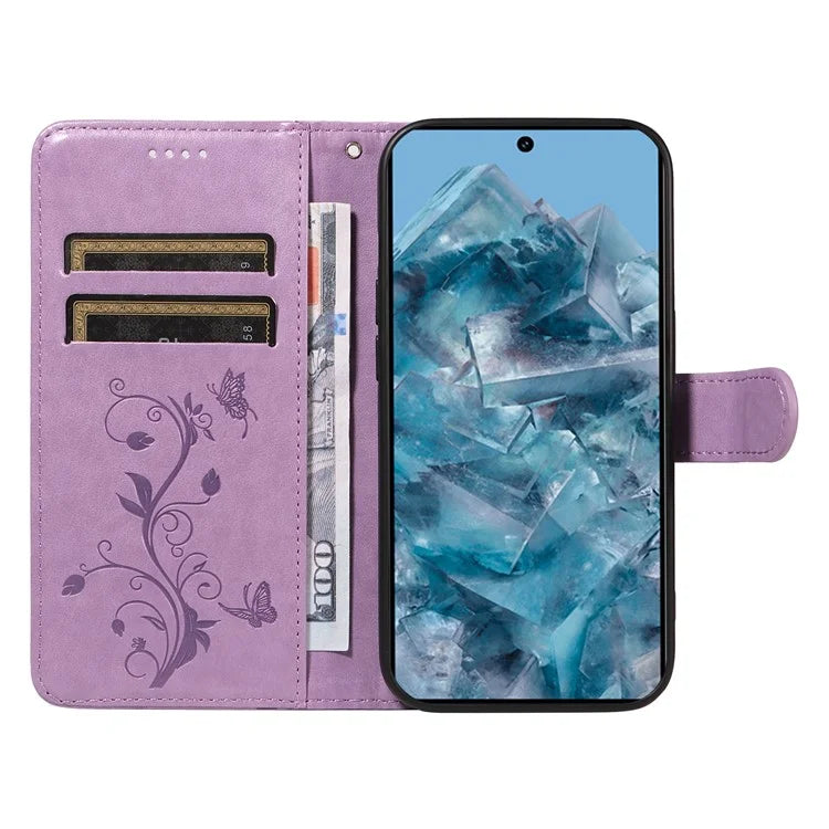 For Google Pixel 8 Pro Case PU Leather Card Slots Phone Protector with Butterfly Flower Pattern